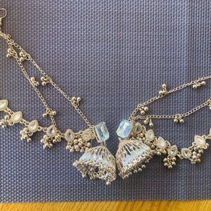 Gold-Tone Filigree Jhumka Earrings with Iridescent Crystal Drops